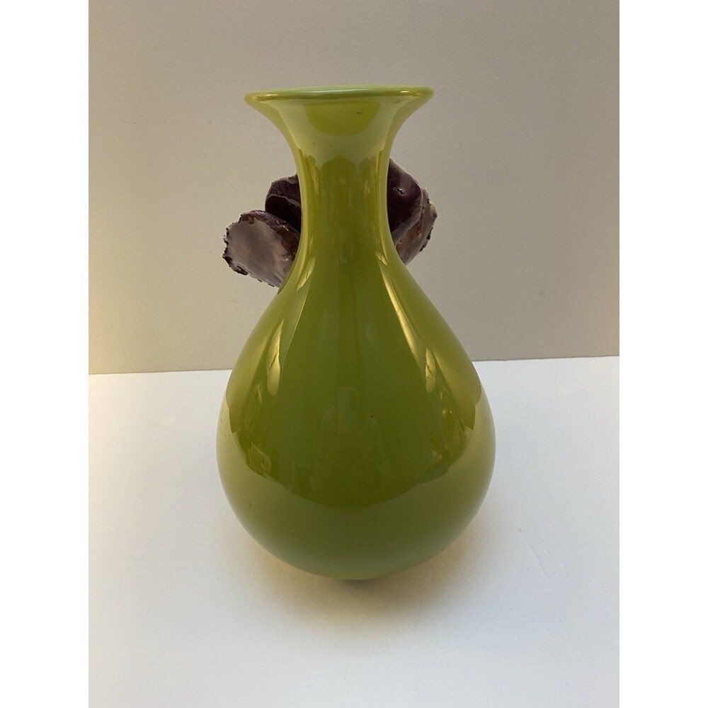 Anthropologie Rose of Sharon Bloom Chartreuse Green Vase Applied Purple Flower - Picture 4 of 6